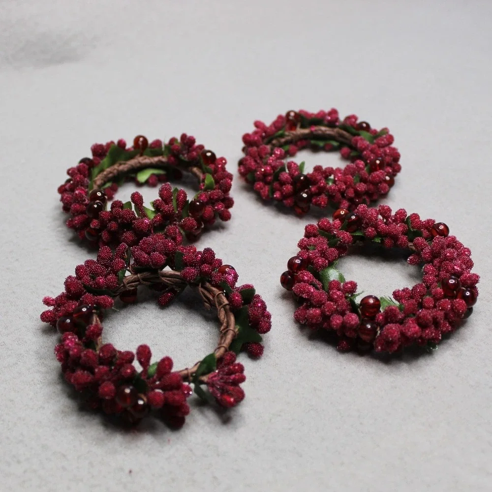 Pier 1 Napkin Rings Red Sugared Cranberry Holiday Set of 4 Beaded Berry